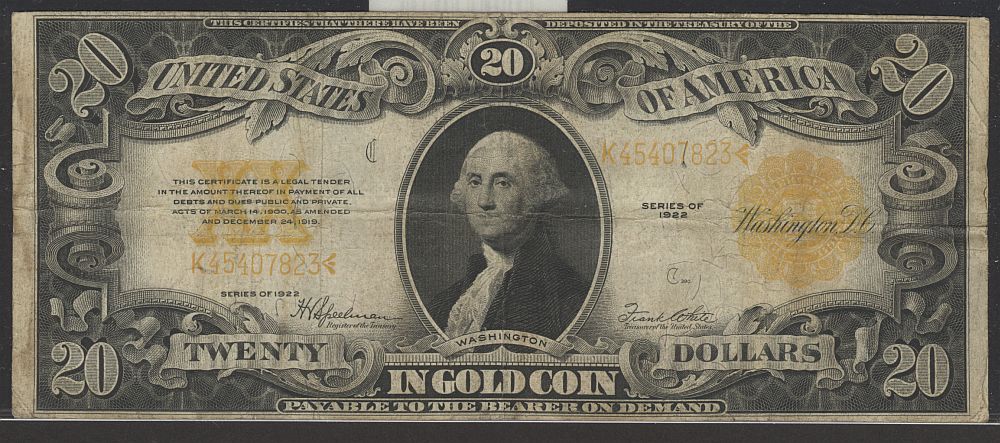 Fr.1187, 1922 $20 Gold Certificate, K45407823, Fine/Very Fine